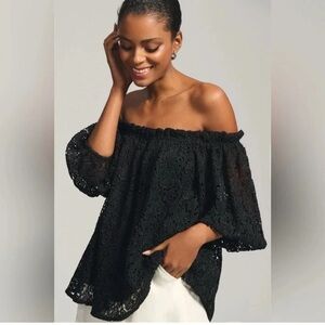 MAEVE from Anthropologie Black Eyelet Lace Overlay Off the Shoulder Blouse  XS